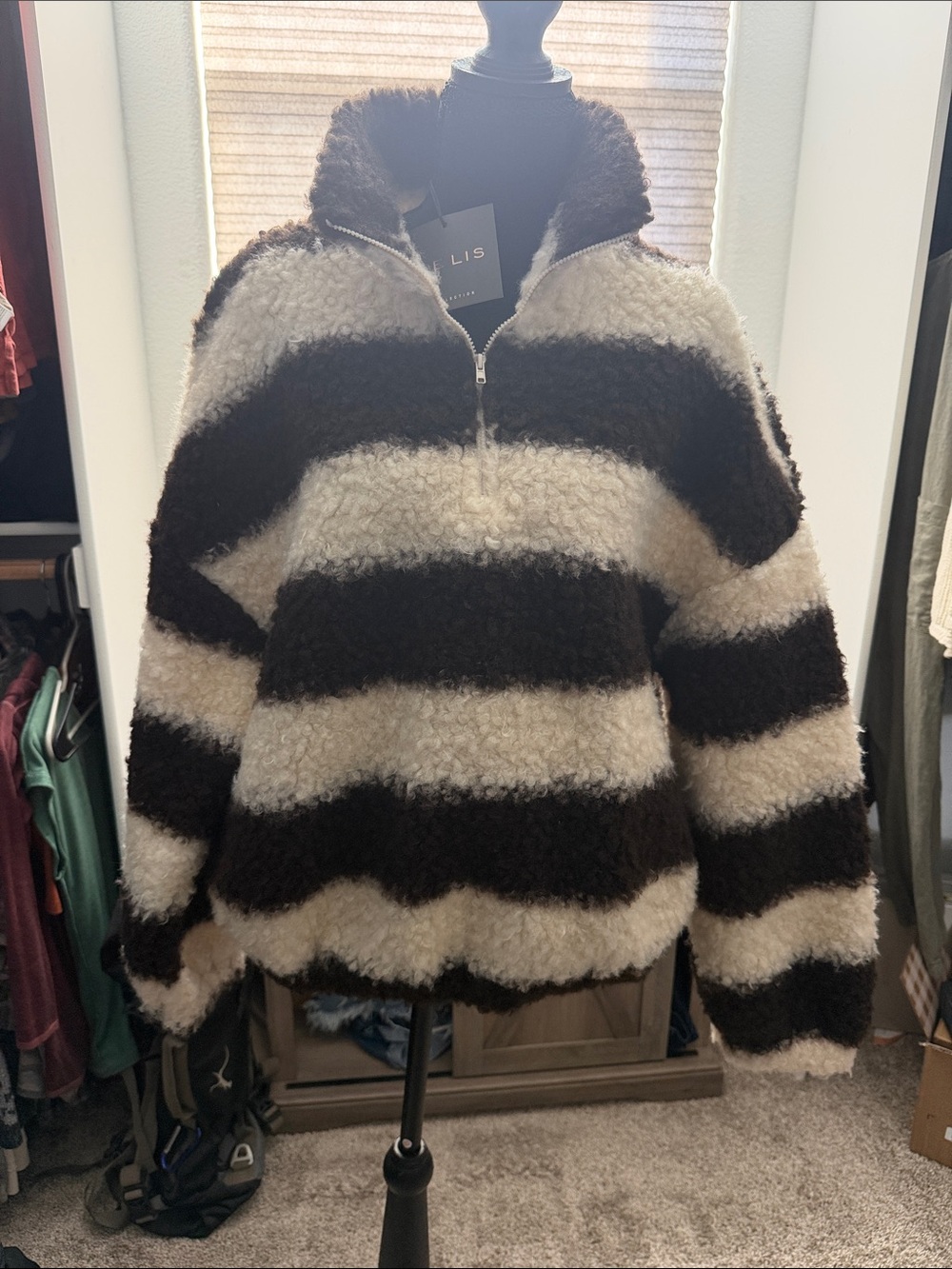 LELIS Brown and Cream Striped Fuzzy Half-Zip Sweater